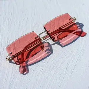Mens Rimless Red Tint Square Gold Frame Rectangular Hip Hop Fashion Sunglasses