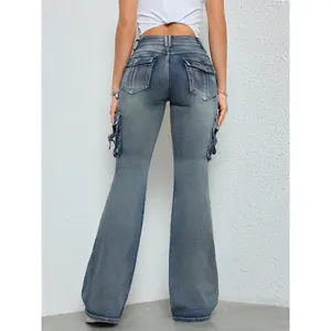 Retro Fashion Trend Workwear Flared Jeans Bottoms Denim High Rise Fitted Mid-weight Stretch Denim Ankle Length Basic Minimalist Womenswear