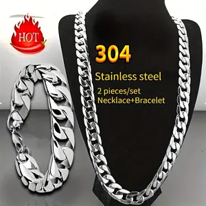 2pcs/set Necklace Bracelet Set For Men And Women, Classic Fashion Stainless Steel Cuban Necklace, Domineering Hip-hop Punk Rock NK Chain For Men And Couples