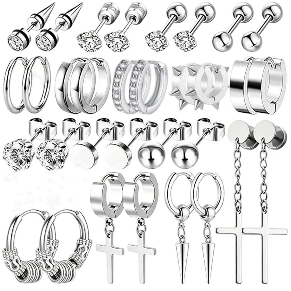 16 Pairs Earrings for Men, Stainless Steel Earrings Stud Kit for Men Women Fashion Piercing Jewelry Cross Dangle Hoop Earrings Set