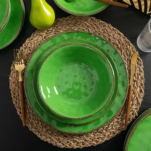 Vintage Crackle Dinnerware Sets, 12 Piece and Sets, Great for Camping, RV.and Chip Resistant Farmhouse Dishes Set, Service for 4(Green)
