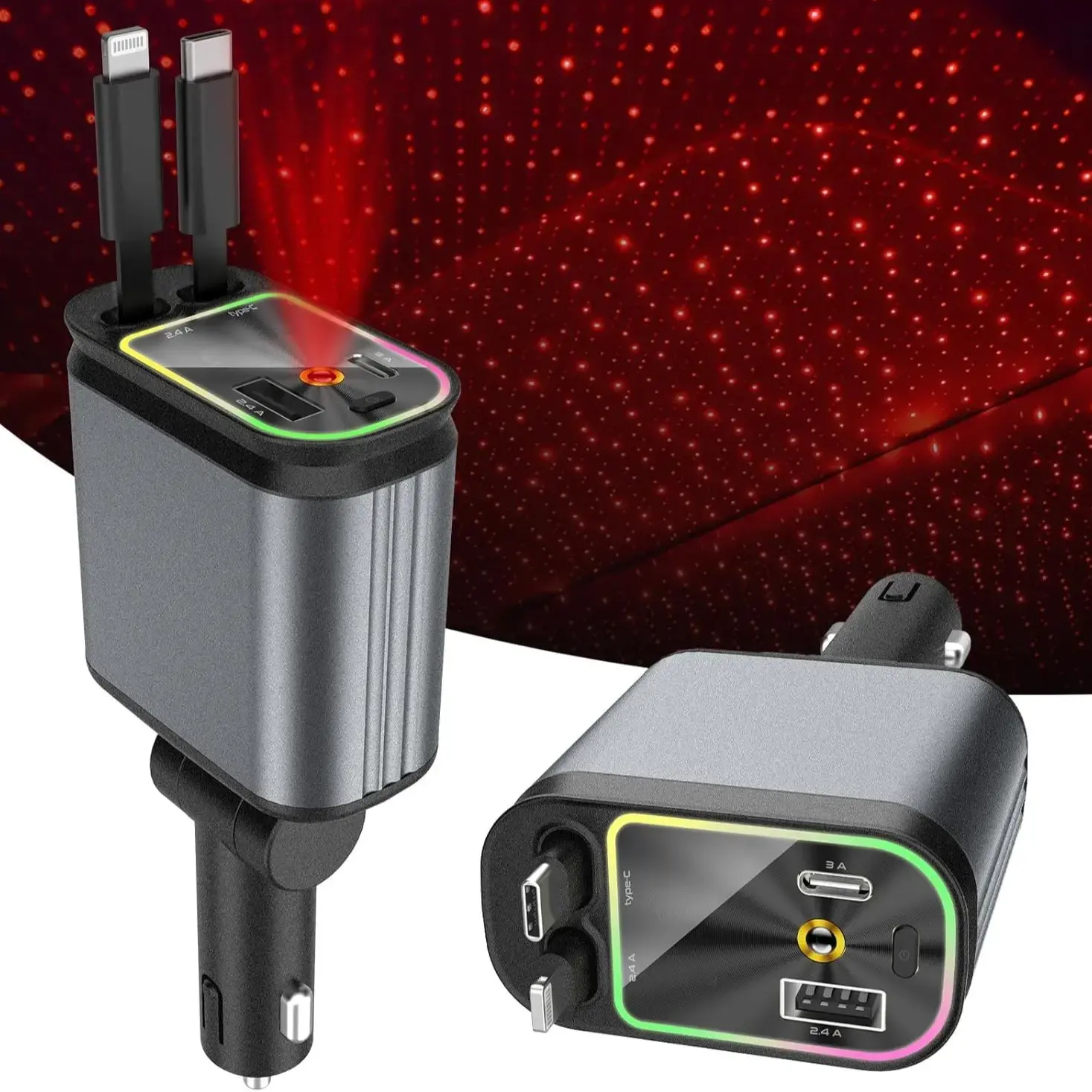 Super Fast Retractable 4 in 1 Car Charger with Anti-Tangle Retractable Cables, Dual Charge Port, Starlight Roof 66W Fast Charging Adapter Starry Sky Car Charger Roof Light Led Charger for iPhone & Android Devices #TiktokShopSpringGlowUp