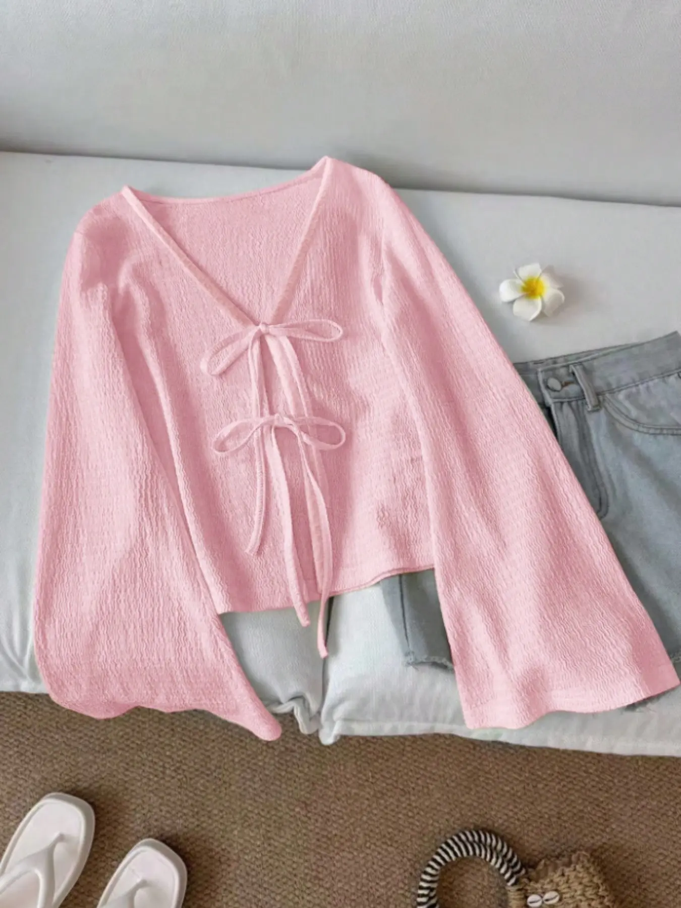 Women's Bell Sleeve Blouse Shirts, Solid Color Tie Short Top, Ladies' Casual Clothing, Knit Casual Top