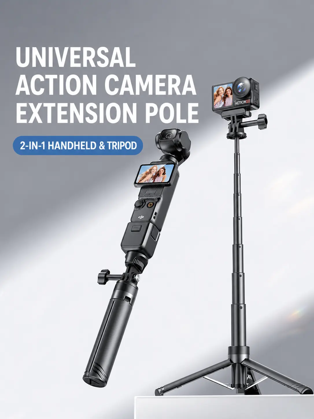 2-in-1 Handheld Alloy Action Camera Selfie Stick Tripod - Portable Adjustable Extension Pole Accessories for Vlogging, Travel