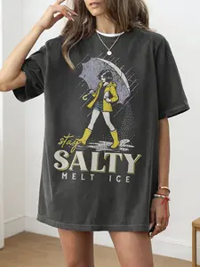 Charcoal Vintage Wash Oversized "Stay Salty" Retro Graphic Casual Women's Lady Tee - 2026 Trending Streetwear, Soft Lightweight Cotton Fabric Perfect for Daily Outings & Hangouts, Bold Fun Print That Stands Out, Versatile Relaxed Fit