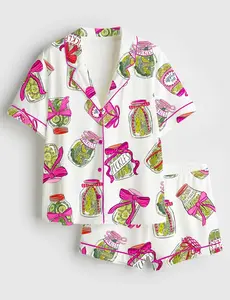 Pickle Lover Pajama Set with Pink Bows, Pajama Pickle Lover Bow Nightwear Women Gift, Sleepwear Pickle Set