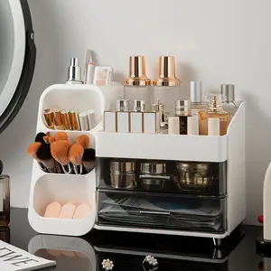 Multifunctional Cosmetic Organizer Box with Transparent Drawer, Pink Stand, Holds Brushes, Lipstick, Perfume, Portable Travel Jewelry Storage counter large capacity countertop organizer makeup compartments storage box