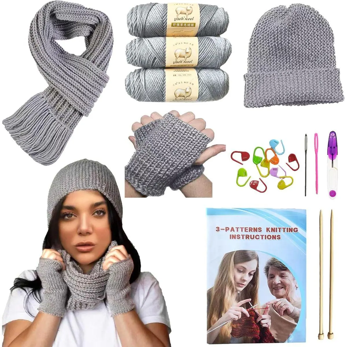 Knitting Kit for Beginners Adults, Crochet Kit for Beginners Knitting Starter Kit, Learn to Knit Starter Bundle for Scarves, Hats & Gloves Includes Wool Yarn, Needles & Accessories (Gray)