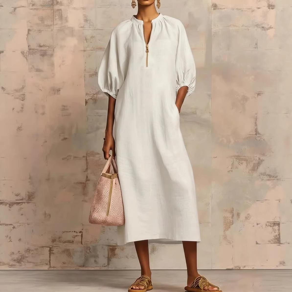 Women's Boho Chic Dress Casual Solid Color Short Puff Sleeve Loose Linen Textured Flowy Sundress Outfit