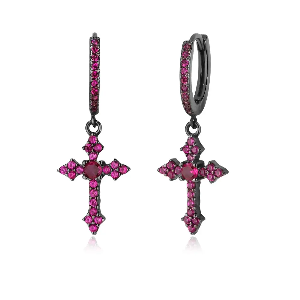 Punk Cross Dangle Earrings with Sparkling Cubic Zirconia, Unisex Metal Coated Cross Pendant in Bold Colors for Parties & Daily Wear, Bold Color Choices, Party, Metal Coating, Alternative Style, Fashion Dangle Earrings, Two Piece Set