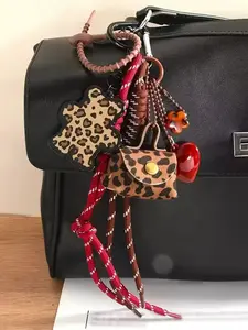 Brown Leopard Print Teddy Bear Bag Pendant/Keychain, Stylish Playful Charm, Red Brown Retro Maillard Color Love Knot Car Keychain Accessory, Red Love And Flower Bead Pendant, Bag Accessories, Birthday, Holiday, Party Gift Preferred
