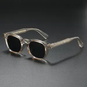 Vintage Square Sunglasses for Men Transparent Brown Acetate Frame Engraved Temples Classic Cut Plain Design Blue Light Blocking Lens Classic Style
