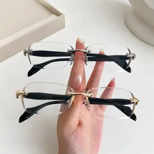 Luxury Style Rimless Square Glasses, Retro Metal Detail Lightweight Fashion Eyewear for Daily Wear