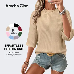 Arach&Cloz Women's Relaxed Fit Crochet 3/4 Sleeve Resort Sweater Tops 2026