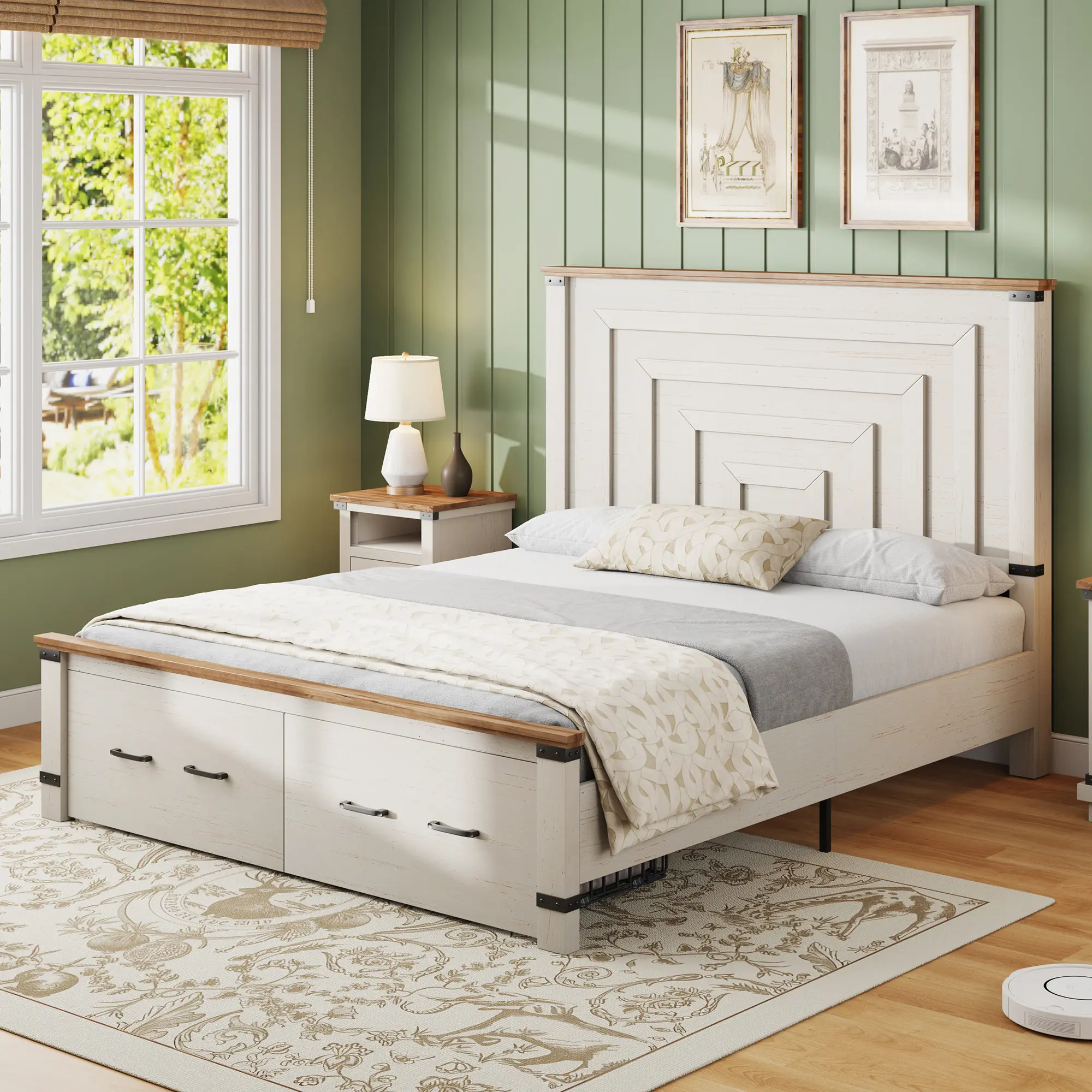 AMERLIFE Farmhouse Bed Frame with 54" Tall Geometric Headboard & Footboard, Rustic Wood Platform Bed Frame with Large Storage Drawers, Wood Slats Support, No Box Spring Needed[tiktokshopbacktoschool][SohoChic]