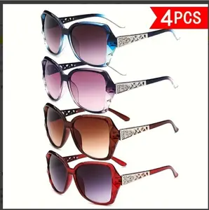 4 Pcs Women Large Sunglasses, UV 400 Glasses Oversized Classic Trend Ladies Sunglasses Sparkling Large FrameSummer Sun Large Frame Hollow Temple Trendy Eyewear | UV Protective Fashion Shades for Beach, Vacation, Daily Street Style & Summer Outdoor Looks