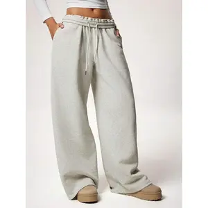 WinterNewThermalLinedThickCasualVersatileHighWaistElasticWaistLooseWideLegSweatpantsFabricFitWomenswearBottomDrawstringPolyesterBasicMinimalistGrey