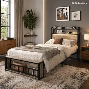 Upholstered Twin Platform Bed Frame with Headboard - LED Lighting, Charging Station, Headboard with Storage, Solid Stable Noise-Free Platform Bed Design, No Box Spring Needed, Easy Setup, Indoor Bedroom Princess Furniture