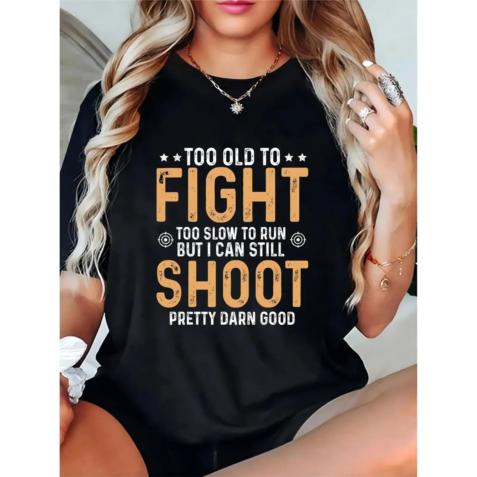 Women's Cotton Short-Sleeve Round Neck Funny Shooting Quote T-Shirt - "Too Old to Fight, Too Slow to Run, But I Can Still Shoot Pretty Darn Good" with Stars & Targets, Essential Elegant Fit Ladies' Casual Outdoor Range Wear for Gun Enthusiasts