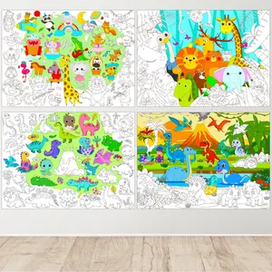 4 Pack Giant Coloring Posters - Jungle Animal & Dinosaur Theme Jumbo Coloring Tablecloth for Kids | Table & Wall Coloring Sheets, Class Home Craft Activities, Party Favors, Decorations & Kids Gifts