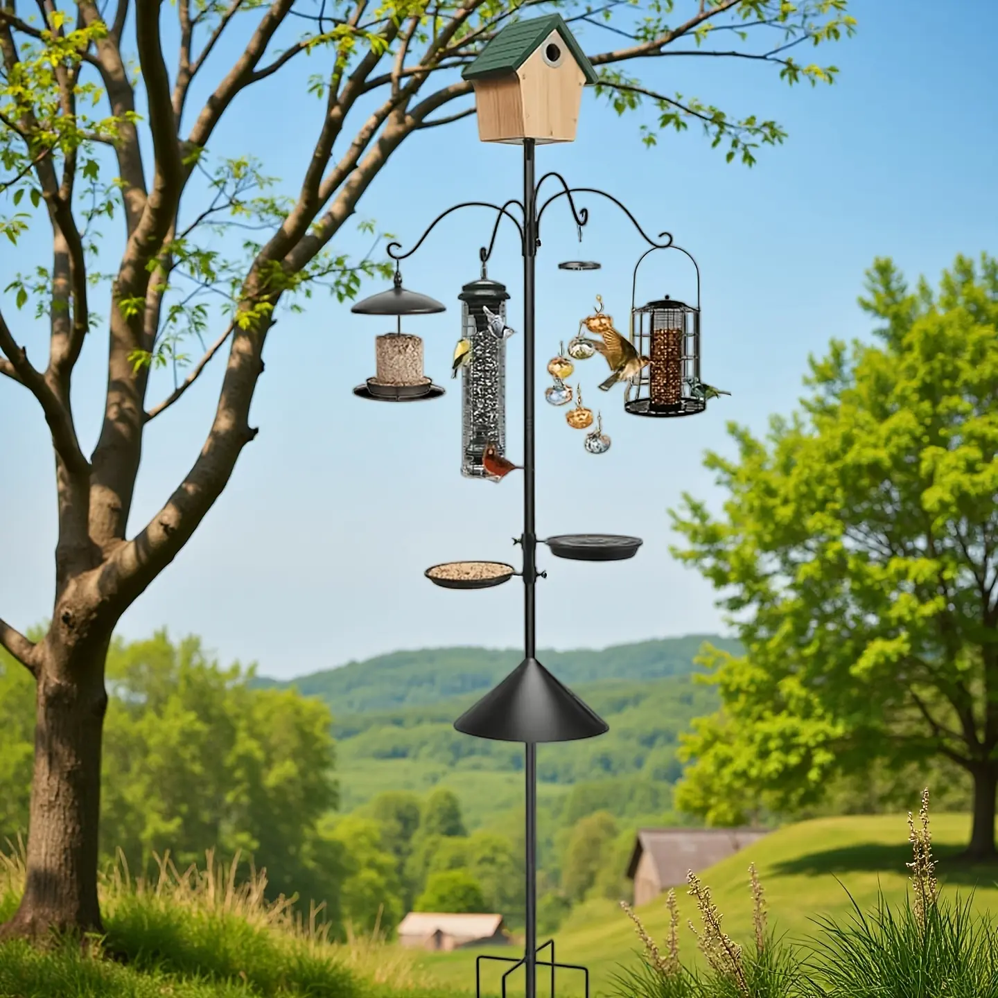 The Sturdy Bird Food Feeder Pole In The Courtyard Is Equipped with Anti Squirrel Barriers, Feeders, And 4 Hooks, Suitable for Attracting Wild Birds to Your Garden.