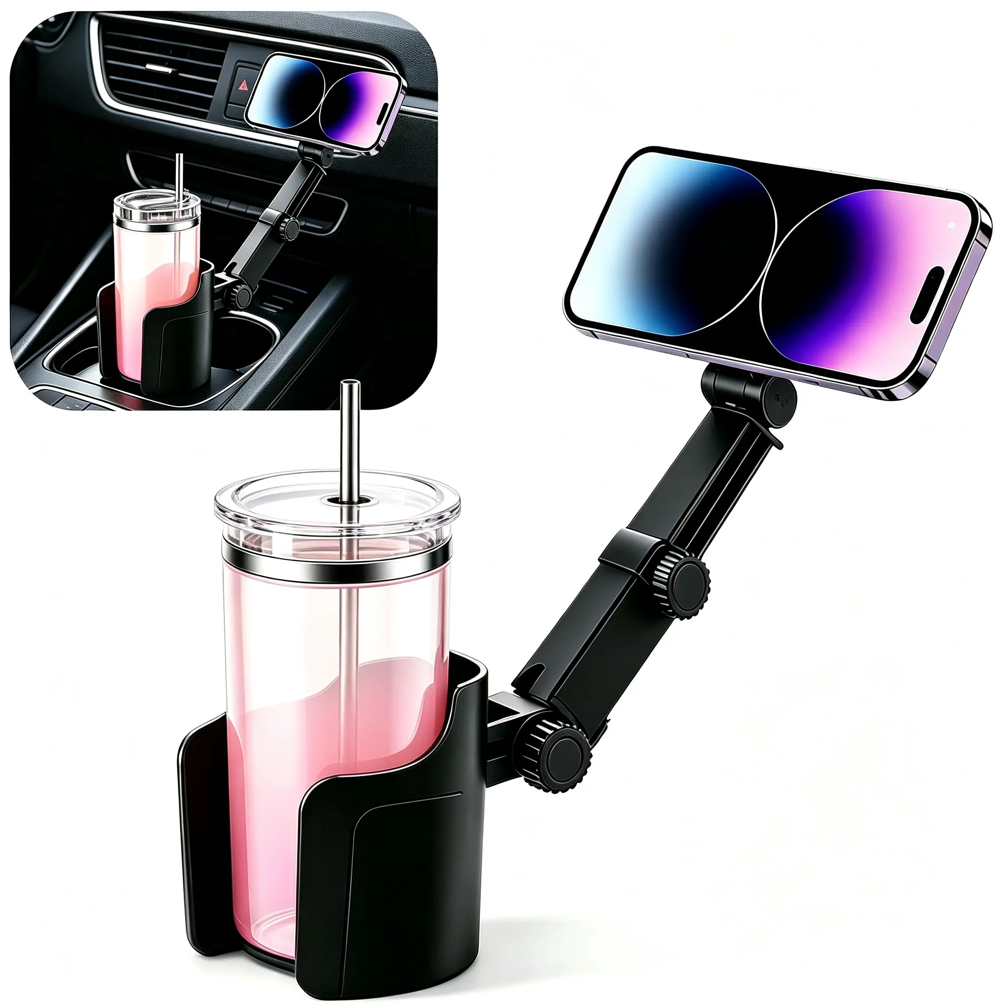 Universal Magnetic Cup Holder with 360° Rotation and Retractable Arm, Stable Design, Cup Holder Phone Mount, Car Magnetic Phone Holder