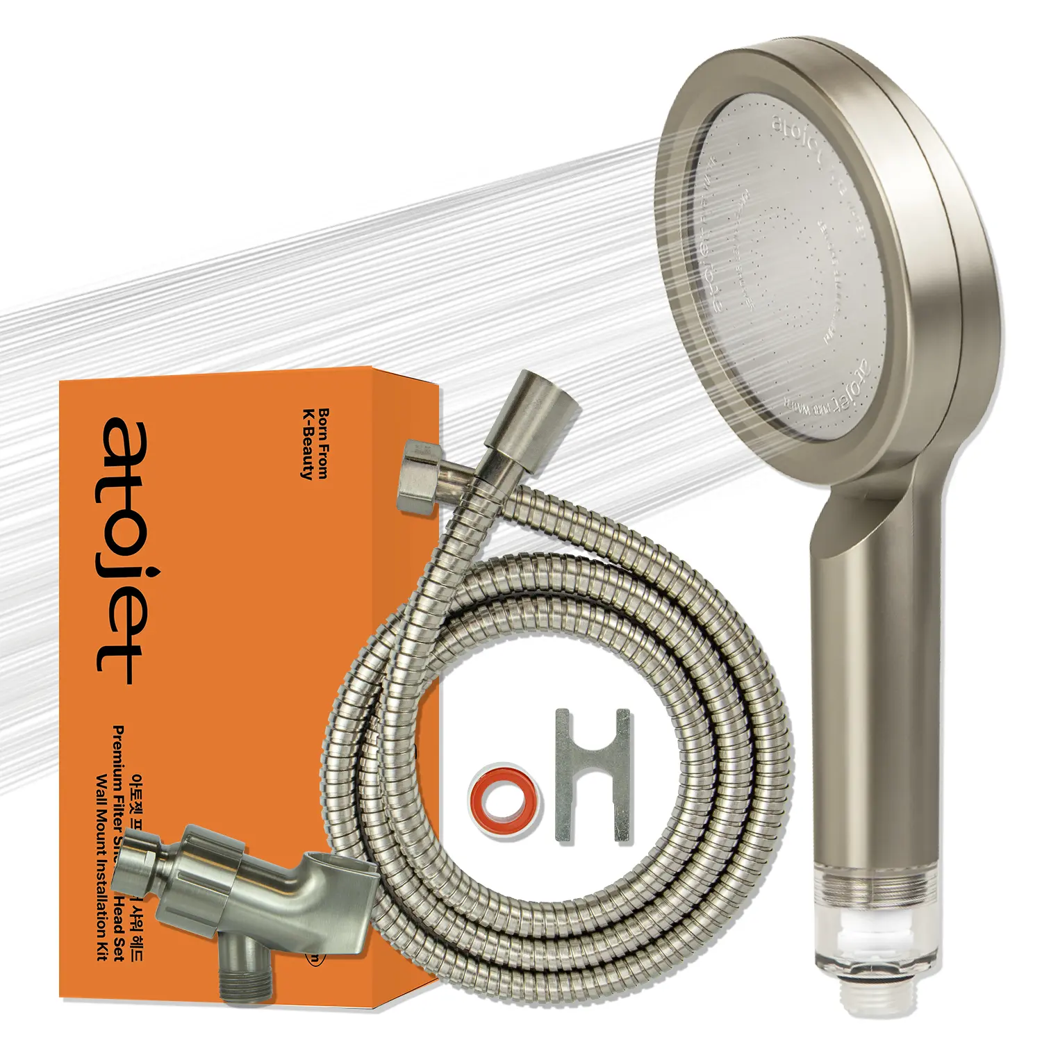 Atojet Premium Filter Showerhead Designed With Korea's Luxury Beauty Philosophy - Carbon Composite Filter | Single 1 month Set (Hose, Mount, Teflon Tape, Wrench) (JNE300-SET-SNG)