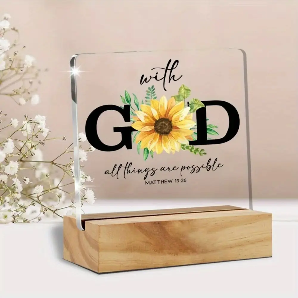 Christian Acrylic Sunflower Desk Plaque With Wooden Base, Inspirational Faith Decor Tabletop Sign, All Things Are Possible Religious Office Gift