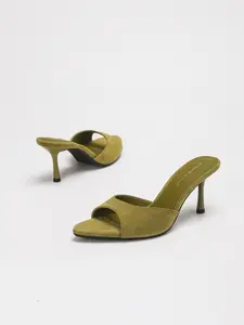 Women's Peep-Toe Heeled Mules | Elegant Open Toe | Suede Textured Upper & Slip-On Design | Elegant Green Tone | Elegant Thin Heel | For Daily & Vacation Wear