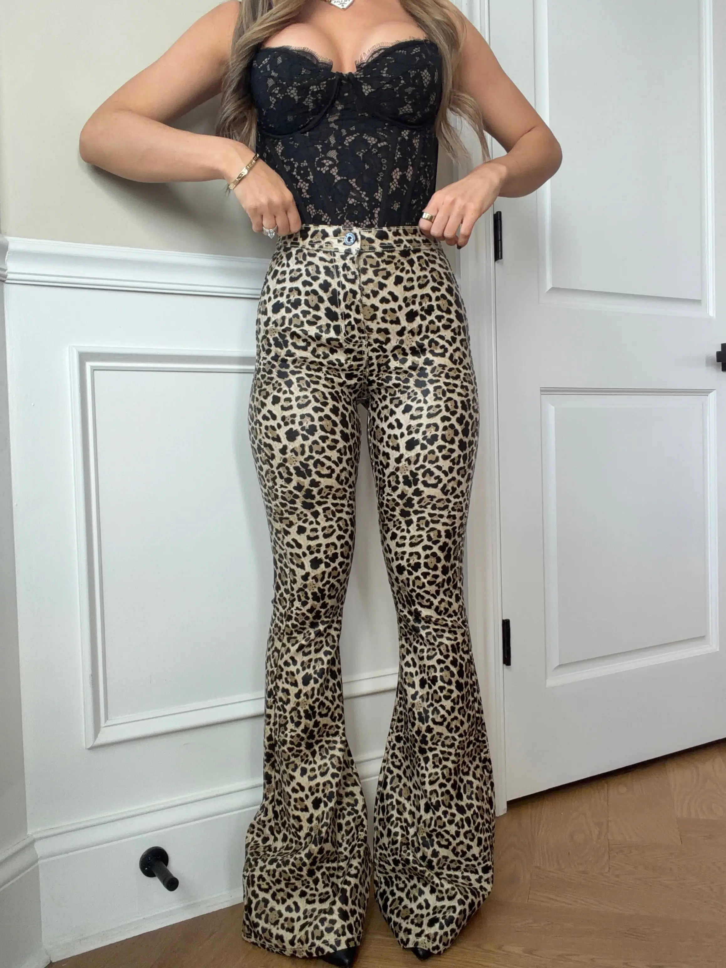 Women's Highwaist Denim Fit Pants - Fiona Style Sand Brown PU Leather Leopard Bell Bottom Flare Jeans, Love, Day, Butt Lift, Jean Pants