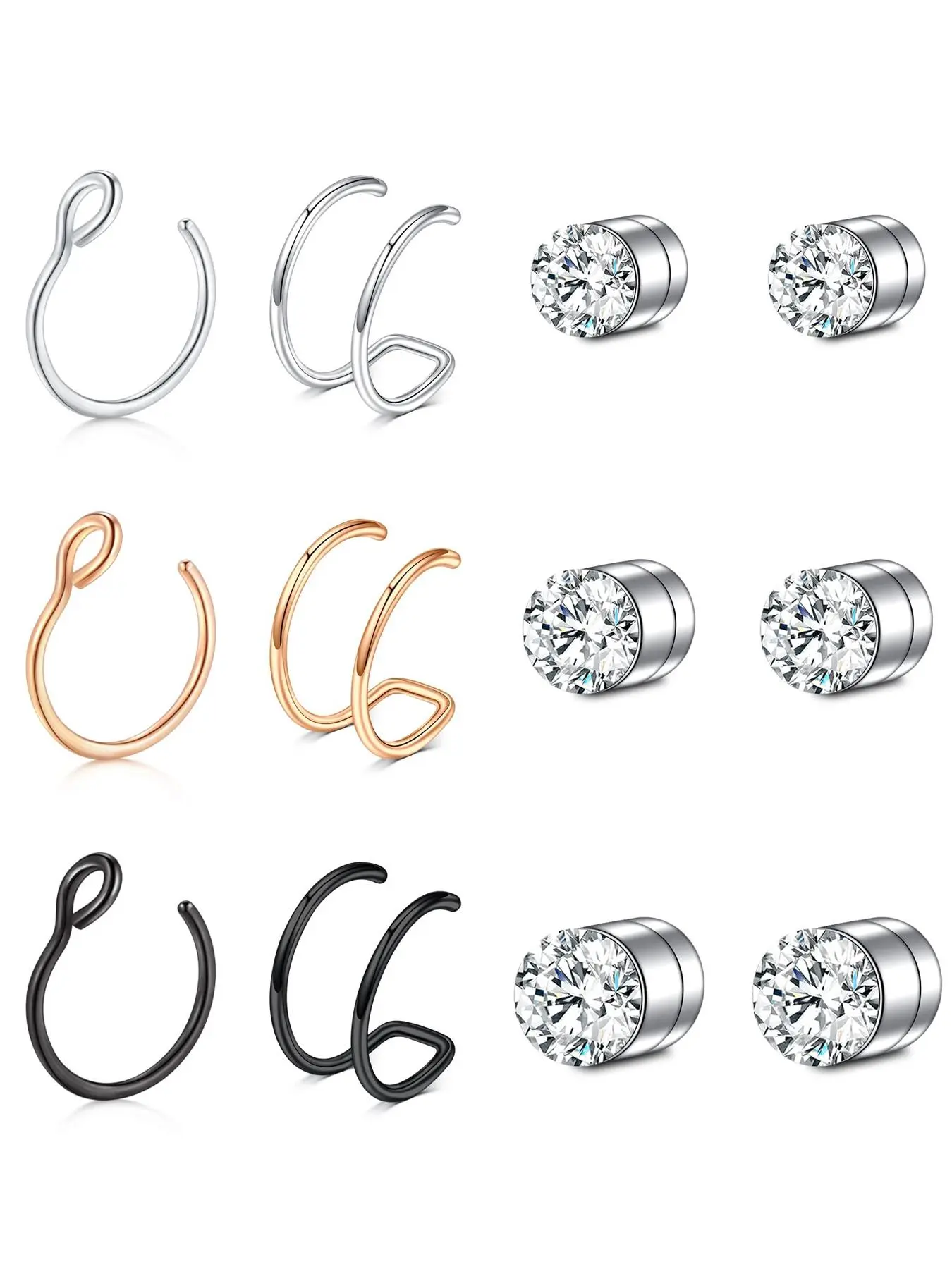 Rhinestone Decorated Nose Ring (12pcs), Stainless Steel Magnet Nose Ring, Nose Rings Set, Nose Piercing Jewelry, Body Jewelry for Party, Daily Clothing Decor for Girl, Jewelry for Birthday Gift, Body Jewellery