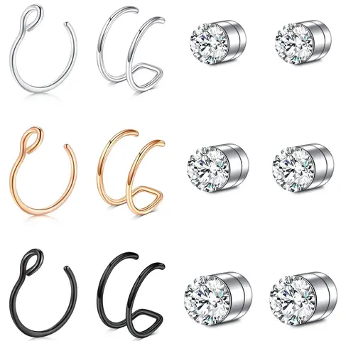 Rhinestone Decorated Nose Ring (12pcs), Stainless Steel Magnet Nose Ring, Nose Rings Set, Nose Piercing Jewelry, Body Jewelry for Party, Daily Clothing Decor for Girl, Jewelry for Birthday Gift, Body Jewellery