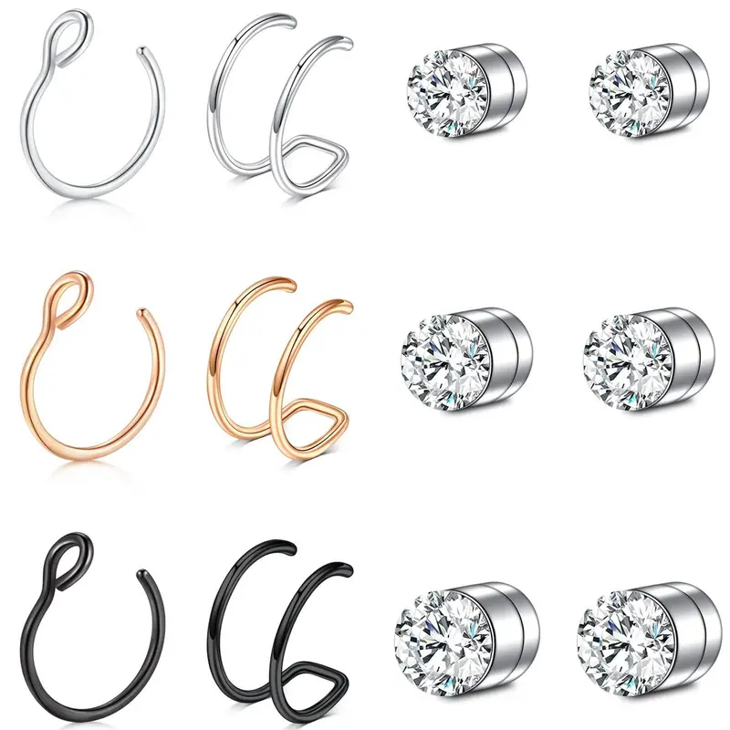 Rhinestone Decorated Nose Ring (12pcs), Stainless Steel Magnet Nose Ring, Nose Rings Set, Nose Piercing Jewelry, Body Jewelry for Party, Daily Clothing Decor for Girl, Jewelry for Birthday Gift, Body Jewellery