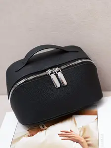 Women's First Layer Leather Makeup Bag, 5 Color Options, Simple Design, Large Capacity, Portable Genuine Leather Storage Pouch