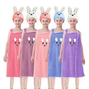 Girls Bath Towel Set with Bunny Ears – 2-Piece Wearable Hooded Coral Fleece Bath Wrap & Hair Drying Turban for Kids, Super Soft Quick Dry Toddler Bath Robe, Cute Christmas Birthday Gift for Little Girls Ages 2-10 – Pool Beach Spa Essential
