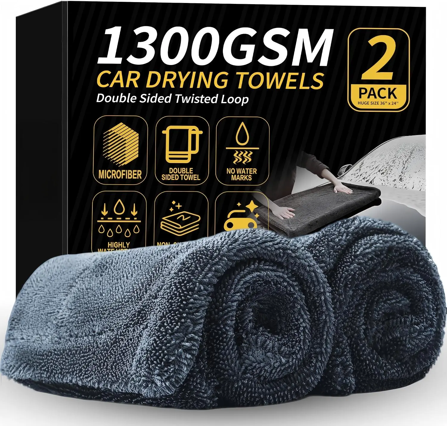 【DealsForYouDays】2-Pack 1300gsm Microfiber Car Drying Towels, Double-Twist Pile, 36"X24" Extra Large, Highly Absorbent, Lint-Free & Scratch-Free, for Auto Detailing, SUVs, Trucks - Car Wash Accessories!