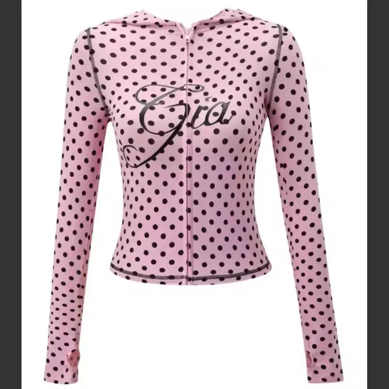 Women's GIA 26SS Hooded Long-Sleeved Jacket & Pants Set, Slim-Fit, Letter Print, Polka Dot, Womenswear Fashion Outfit