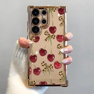 Cherry Leopard Print Bow Pattern Phone Case, Electroplated Cover with Airbag Shockproof Slim Soft TPU Cover for Samsung S26 S25 S24 S23 S22 Ultra S25Edge S24FE Plus S25+