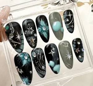 Unique Black Press On Nails | Enigmatic Black and Blue Nail Art | Adorned with Shimmering Silver Charms Y2k nails, Press Ons Damontaerichmondnails