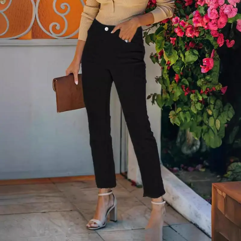 White Frayed Hem Cropped Jeans Straight Leg Cigarette Pants Breathable Cardigan Casual Denim