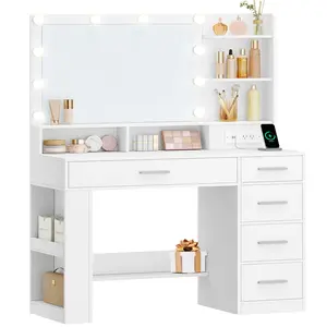 Vanity Desk with Large HD Mirror, Makeup Vanity with Led Lights, Dressing Table with Power Strip, 6 Storage Shelves, 5 Drawers and Side Open Storage, Simple, White