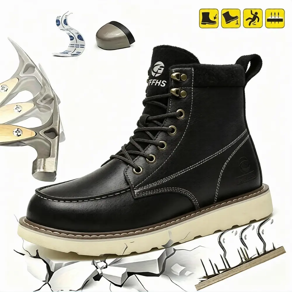 Men's high top leather work boots with shoelaces, steel toe design, tear resistant and shock-absorbing sole, suitable for construction sites
