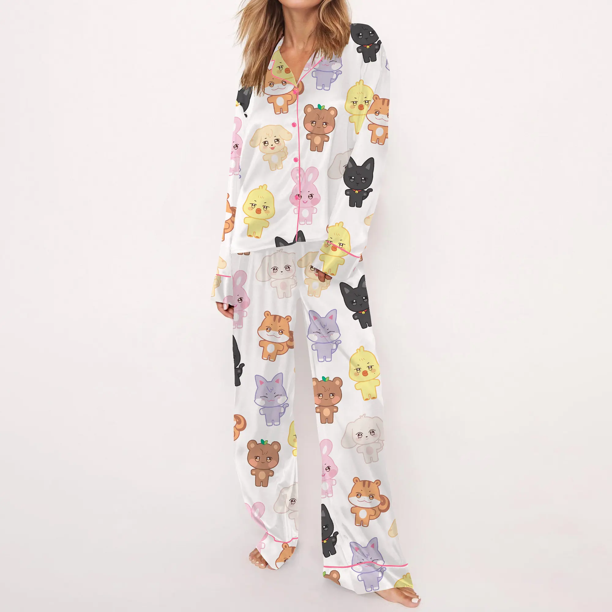SHESHOW Ateez Tour Silky Satin Pajama Set For Women Print Comfy Satin Sleepwear & Loungewear Pjs Printing Silky Top & Bottoms