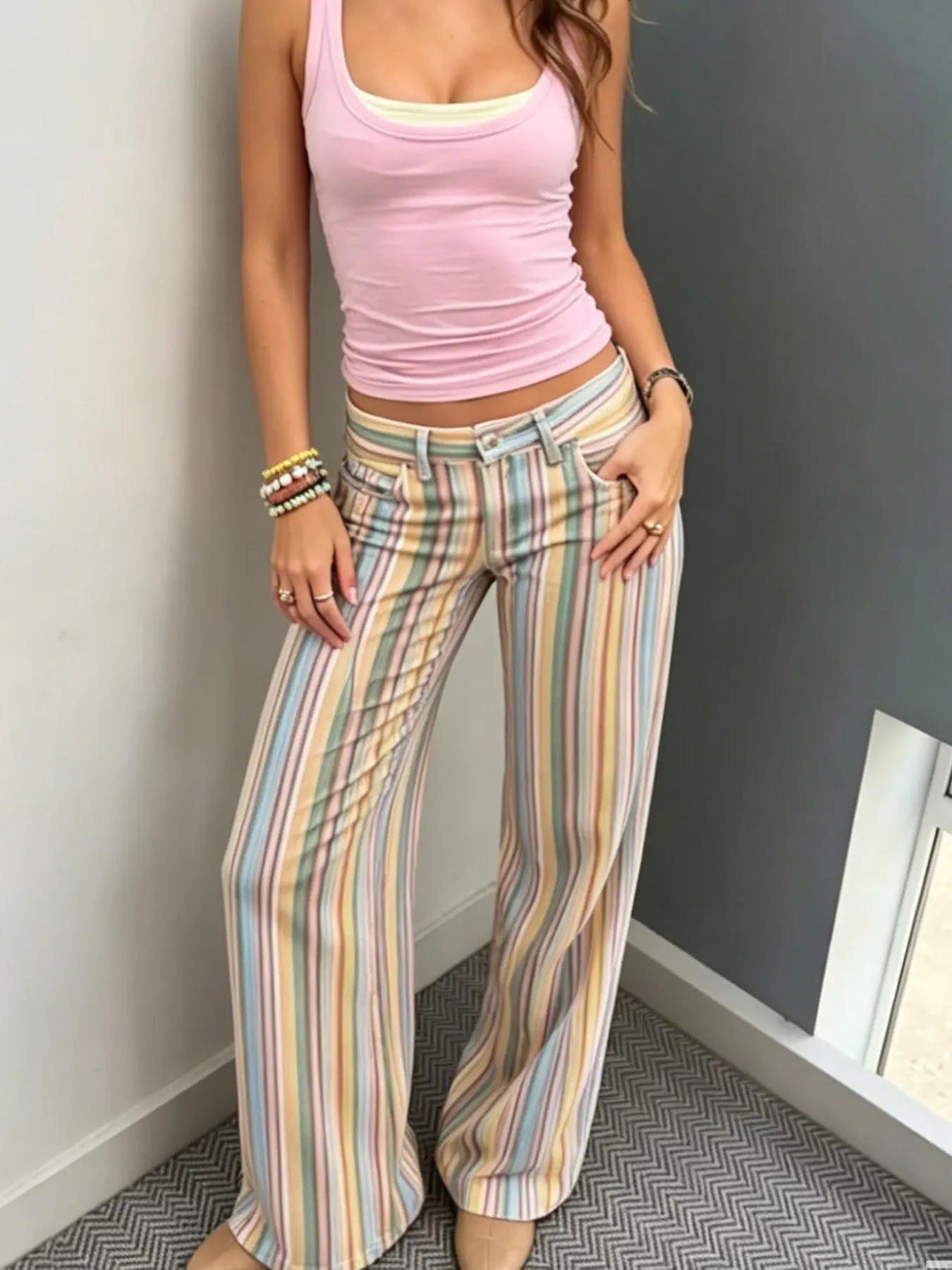 Striped Jeans Pants Women's Pants Y2K Streetwear Denim Wide Pants Summer Baggy Low Rise Jeans Chic Trendy Women's Straight Jeans Colorful Cowboy Long Pants, Bottoms Fashion Denim Jeans