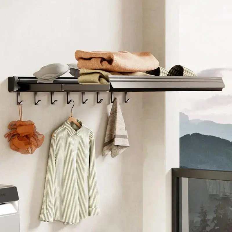 Foldable Wall Mounted Drying Rack, No Drill Collapsible Laundry Drying Shelf with Hooks, Space-Saving Ventilated Drying Rack for Balcony Bathroom Window, Ideal for Towels, Socks, Shoes & Small Garments,cup,waterer,