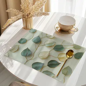 2PCS Home Woven Polyester Placemats, Leaf Print, Machine Washable, Rectangular Table Mats, Tableware for Dining Decoration