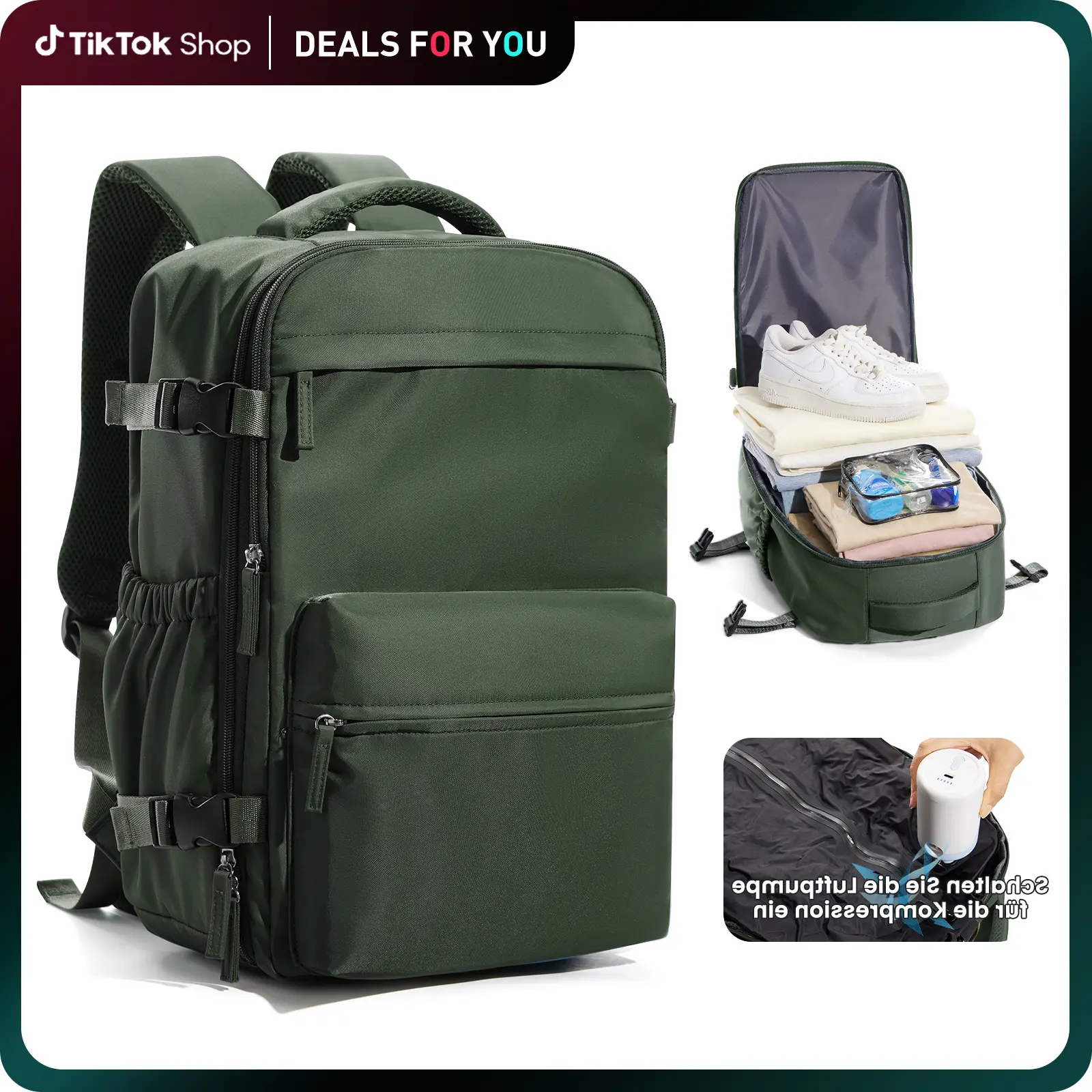 Coowoz Vacuum Travel Backpack with Pump - Zip-Up Vacuum Seal Compression, Built-In Organizer, Airline Approved Adult Carry-On Rucksack, Durable Casual Travel Backpack, Free Toiletry Bag Included, Durable Backpack