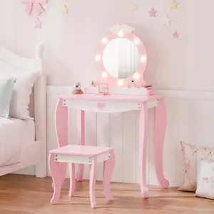 Kids Vanity Set with Lighted Mirror and Stool, Kids Make Up Vanity Desk with Storage Space, Wing Pattern for Little Girls, Toddler Princess Makeup Dressing Table with Chair Set