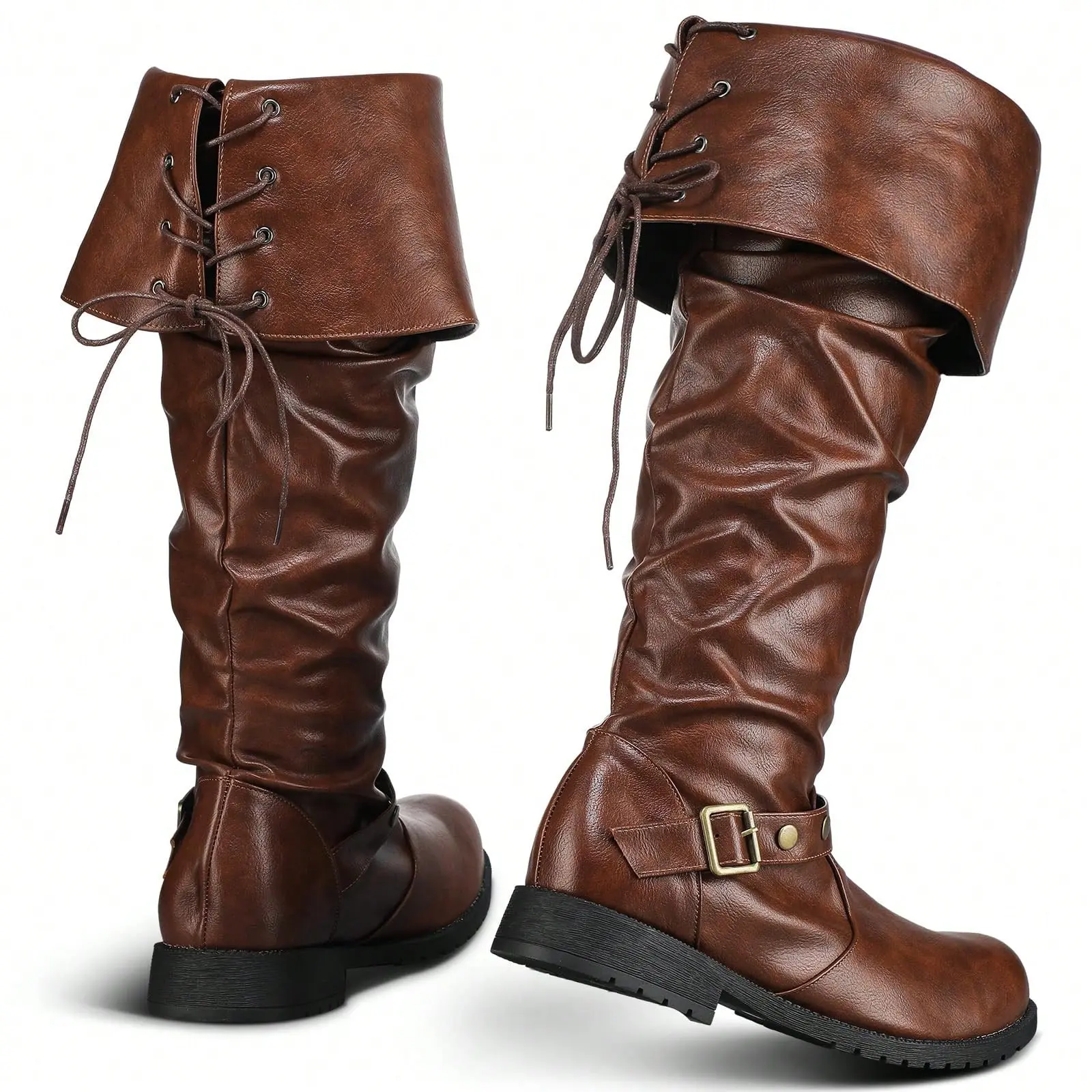 Men's Medieval-Renaissance-Viking Gothic Cosplay Costume Boots - Cowhide/PU Leather, Lace-Up/Slip-On, Round Toe, Closed Black Footwear for Pirate Themed Events & Cosplay Accessories