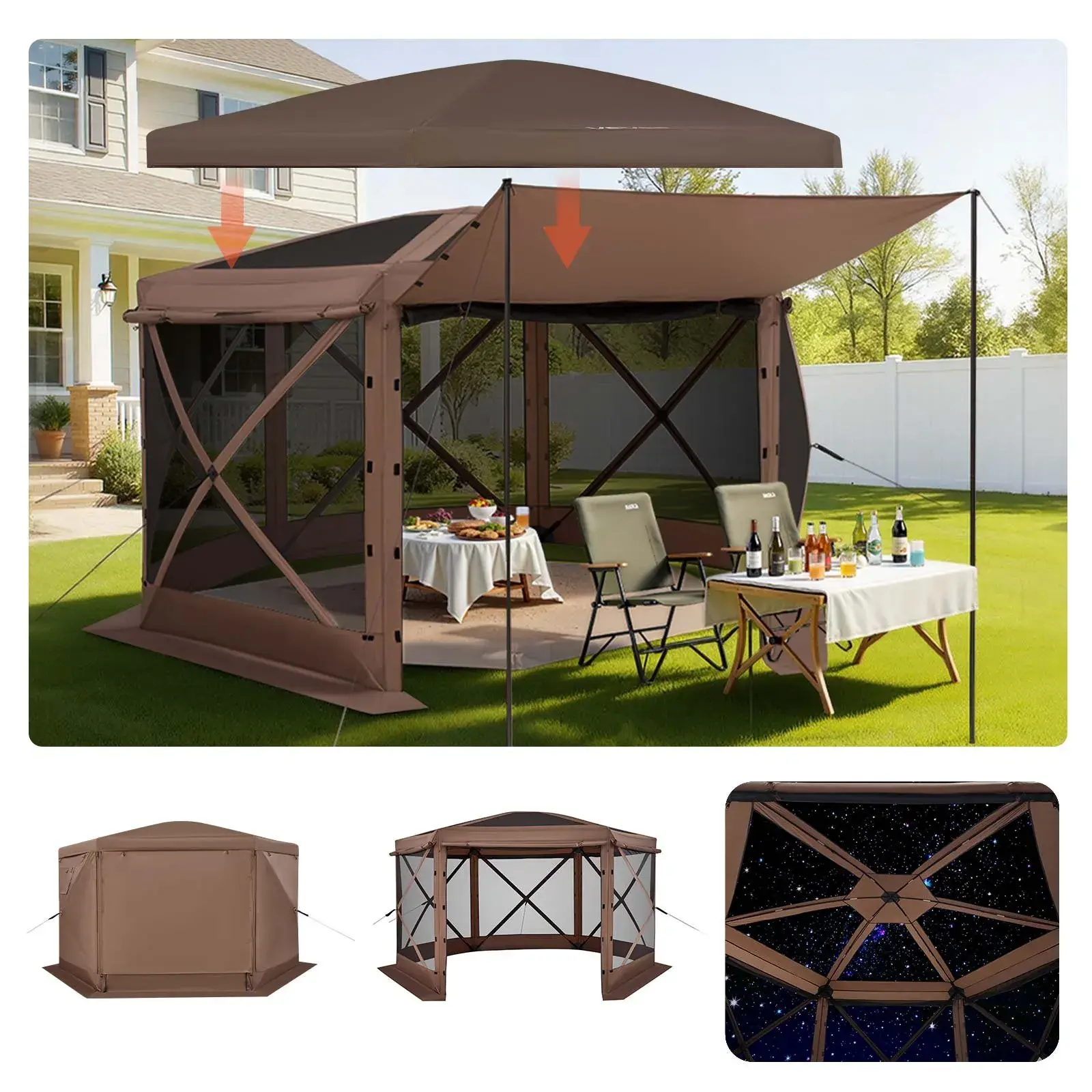 【DealsForYouDays】VEVOR Pop up Gazebo Screen Tent,12 x 12 ft Large 6-Sided Camping Canopy Tent with Removable Top & Carry BagQuick-Set & Bite-ProofScreen House Sun Shelter for 8-10 Persons Backyard PatioBrown,summerwins